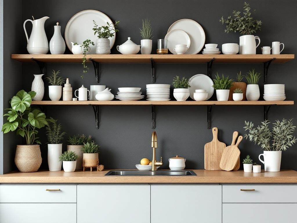 Open shelving in a modern kitchen displaying dishes, plants, and decorative items on wooden shelves against a dark wall.