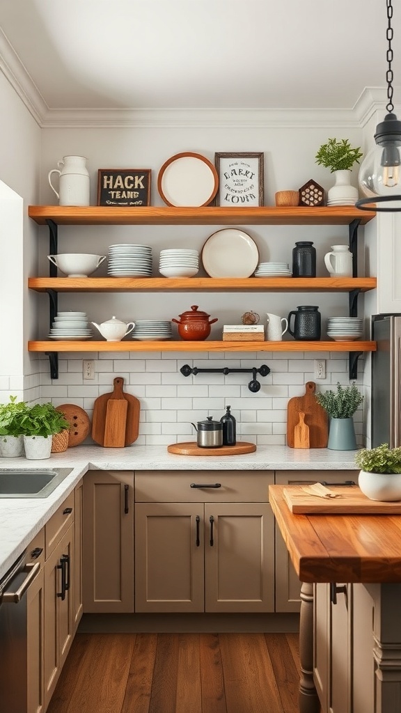 A modern farmhouse kitchen with open shelving displaying dishes and decorative items.