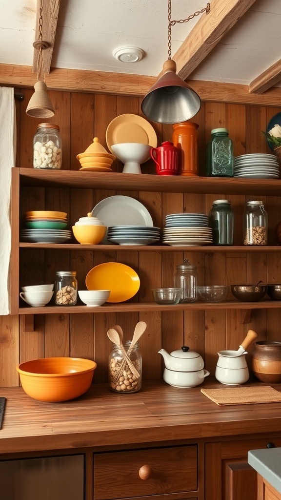 Open shelving displaying colorful dishes and jars in a rustic kitchen.