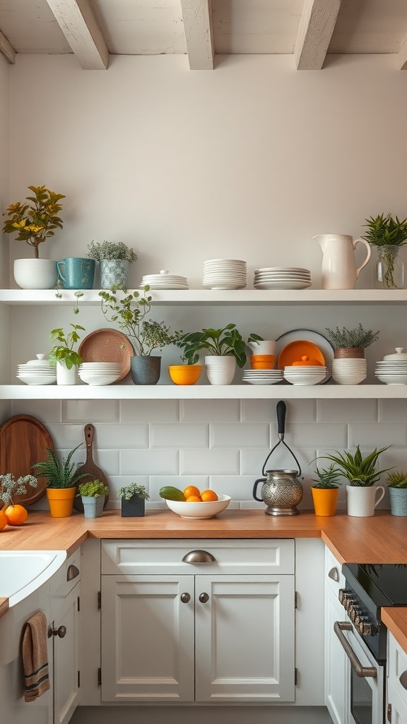 A cozy farmhouse kitchen with open shelving displaying plates, plants, and decorative items.