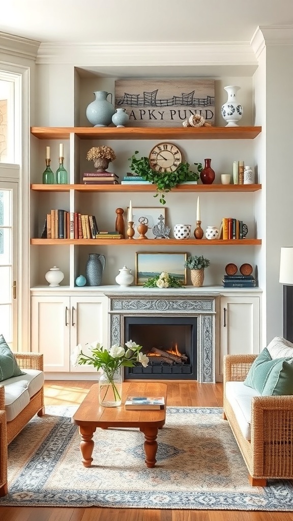 Cozy modern farmhouse living room with open shelving displaying books, plants, and decorative items.