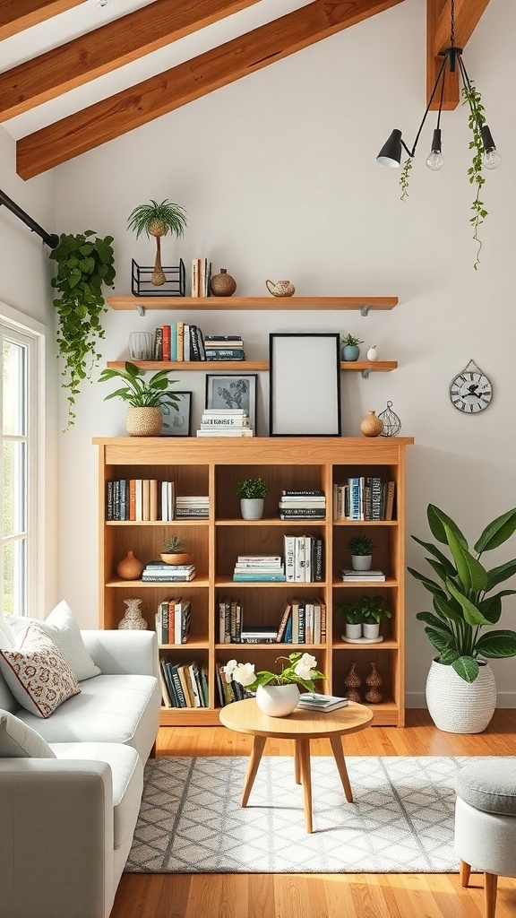Modern cottage living room with open shelving displaying books and plants.