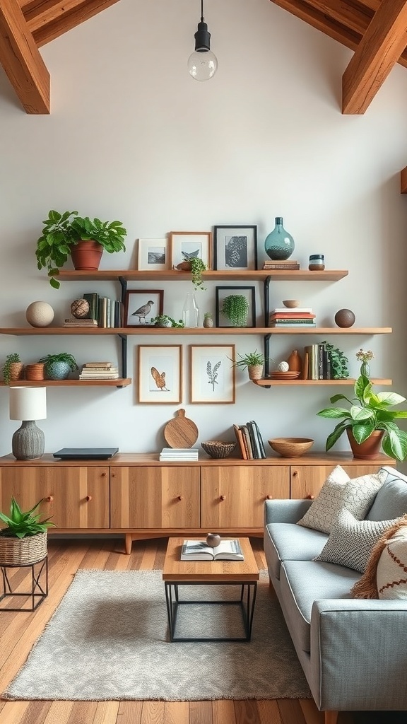 Modern rustic living room with open shelving displaying plants and decor.