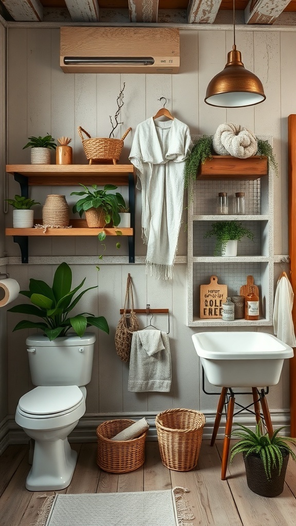 Rustic boho bathroom with open shelving displaying plants and woven baskets.