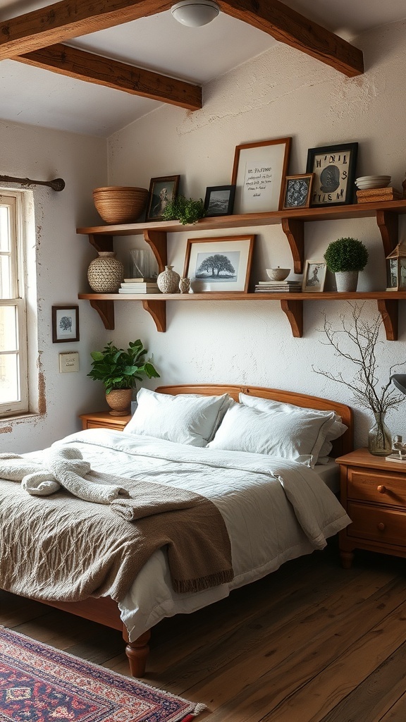 A cozy rustic farmhouse bedroom with open shelving displaying plants, books, and framed pictures.