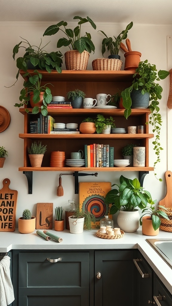A cozy kitchen with open shelving displaying plants, dishware, and books.