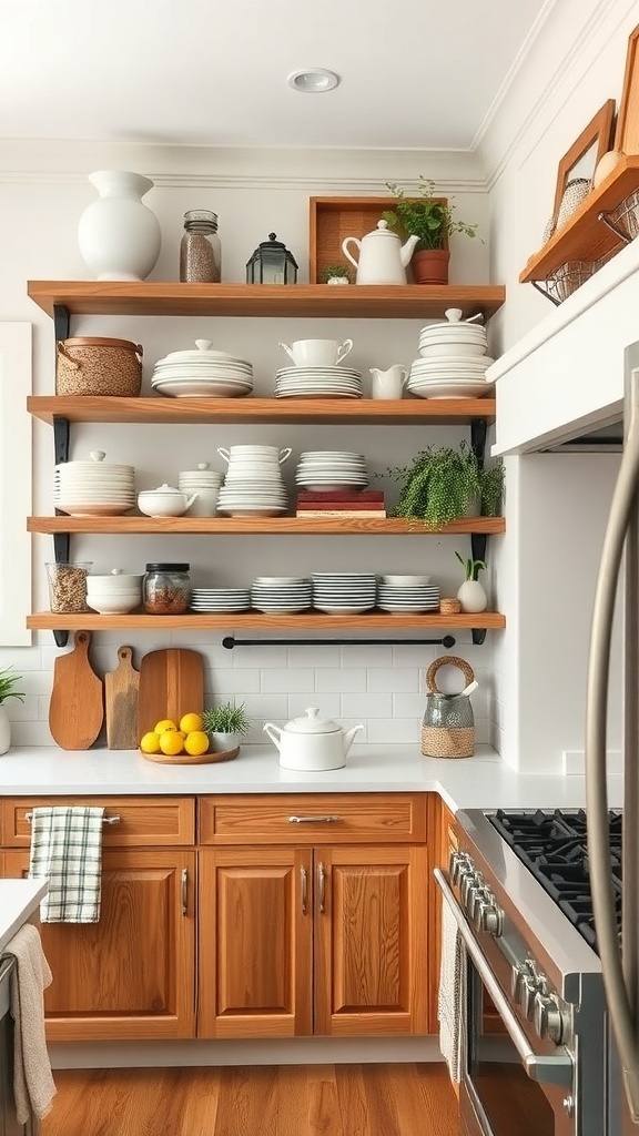 Open shelving in a farmhouse kitchen displaying plates, pots, and decorative items.