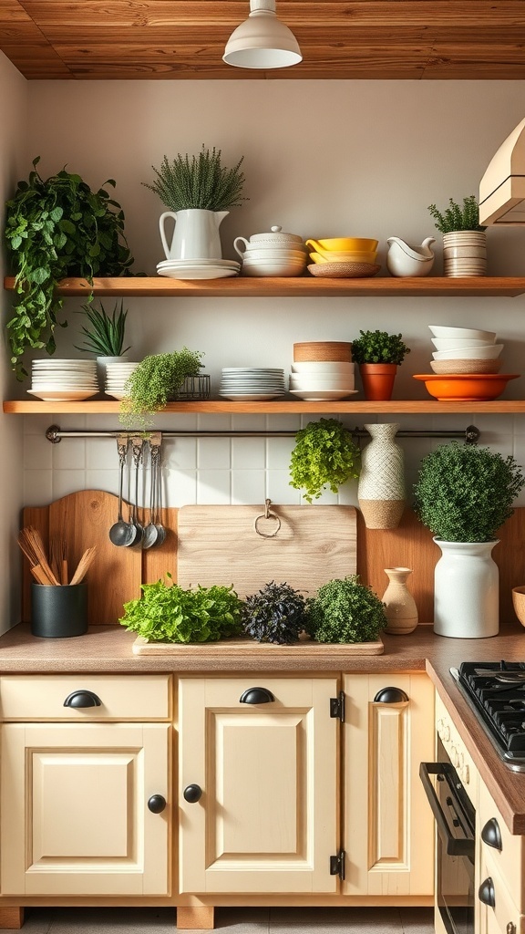 Open shelving in a French farmhouse kitchen with plants and dishware.
