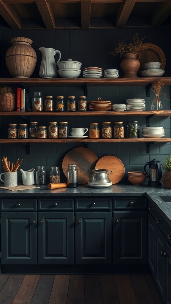 Dark rustic kitchen with open shelving displaying dishes and jars.