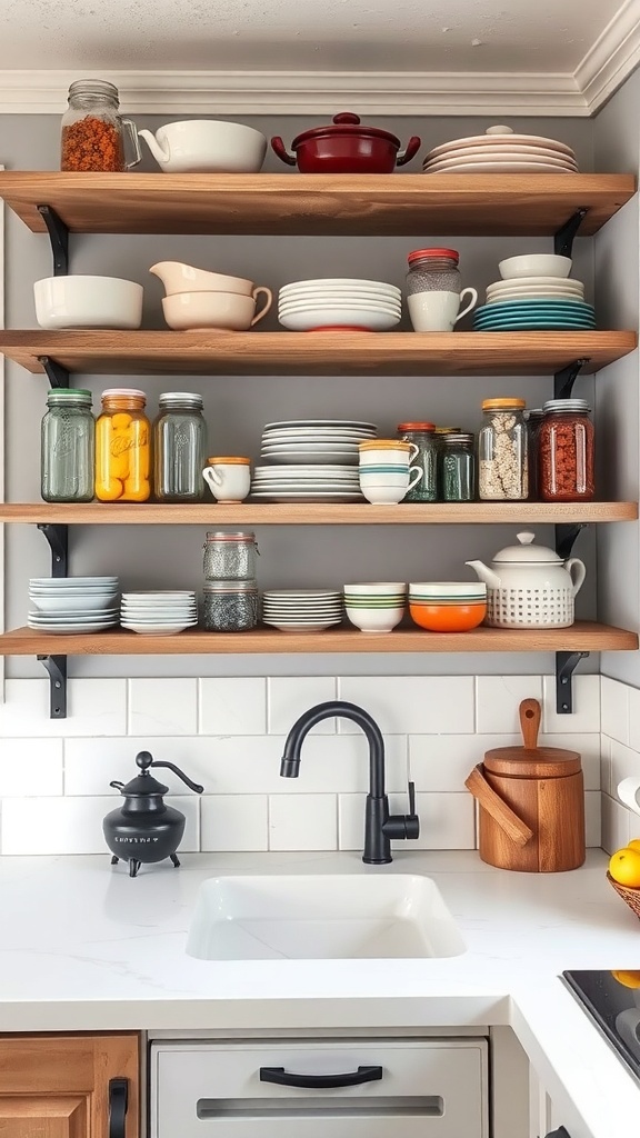 Open shelving in a rustic kitchen displaying various dishes and jars.
