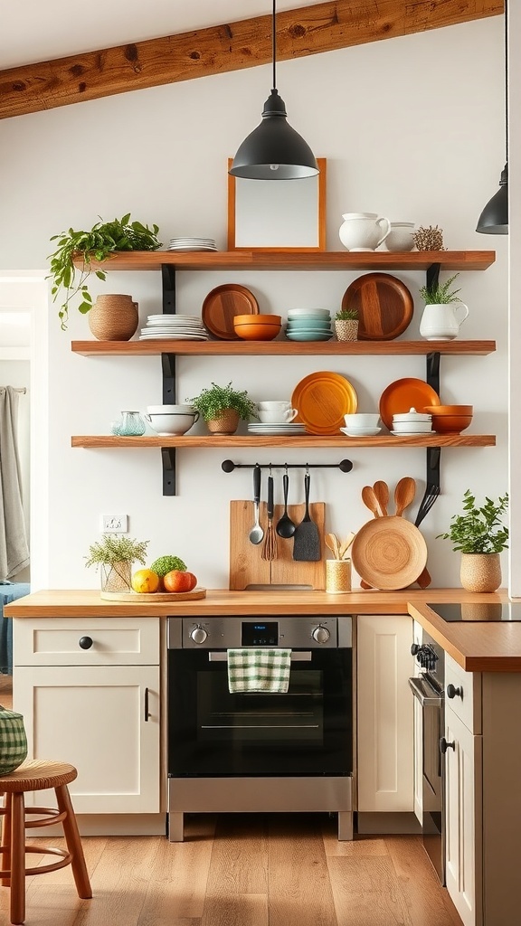 A contemporary farmhouse kitchen with open shelving displaying colorful dishes and plants.