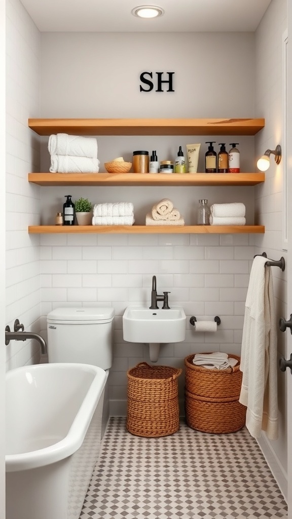 Modern farmhouse bathroom with open shelving displaying towels and toiletries.