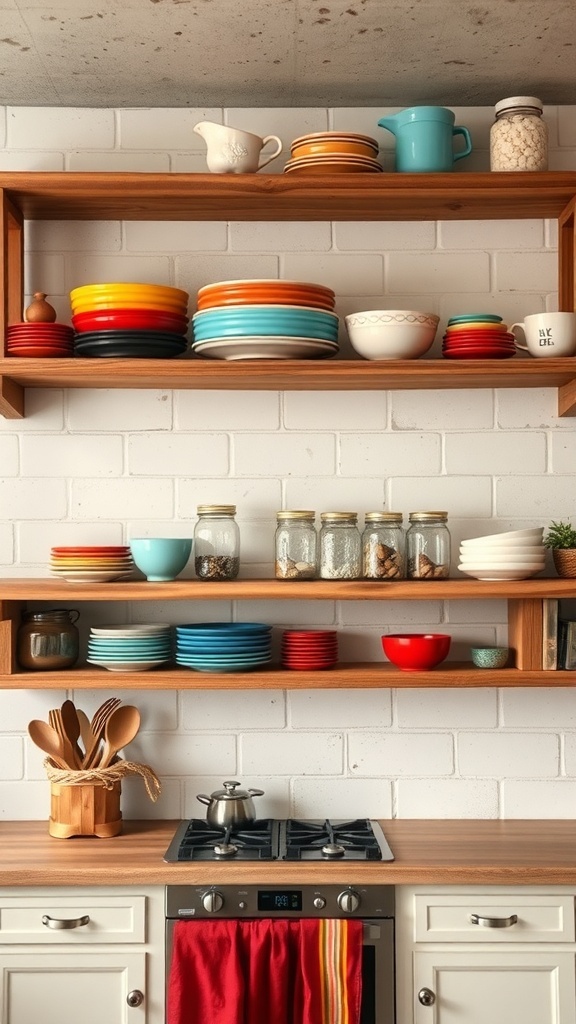 Open shelving in a rustic kitchen displaying colorful dishes and jars.