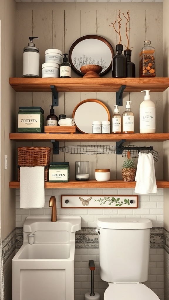 Rustic farmhouse bathroom with open shelving displaying decor and toiletries.