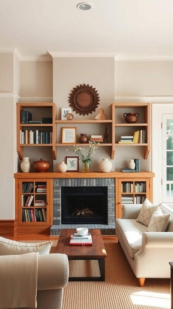 A cozy small farmhouse living room with open shelving displaying books and decorative items.