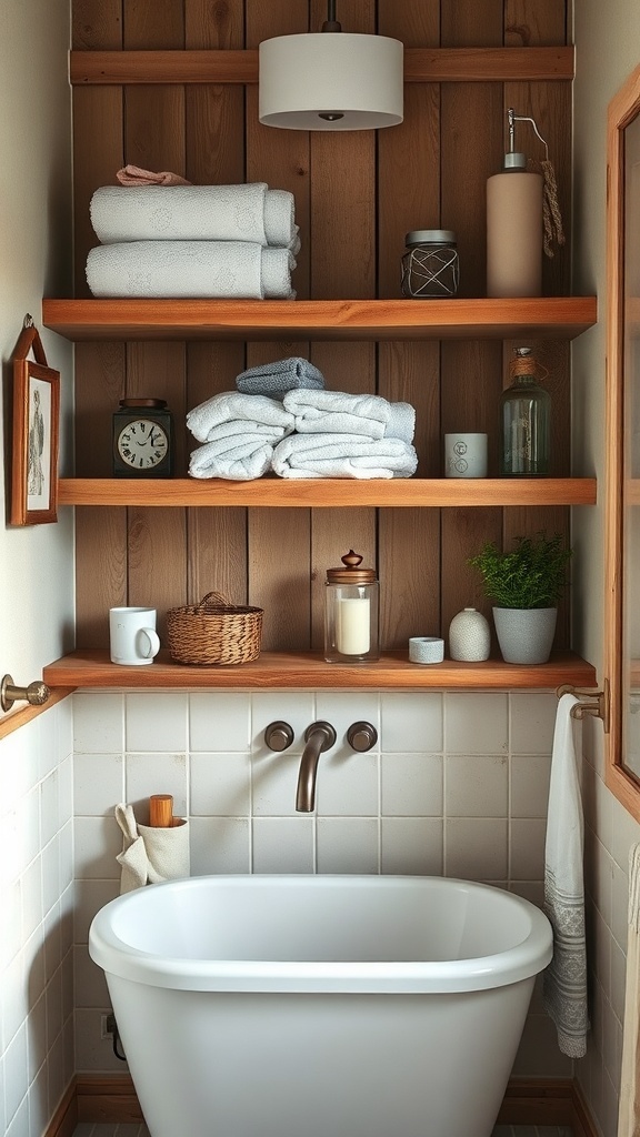 Rustic bathroom with open shelving displaying towels and decor.