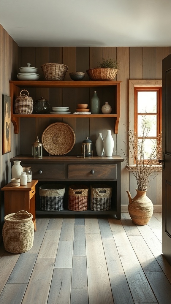 Rustic entryway with open shelving displaying decorative items and storage baskets.