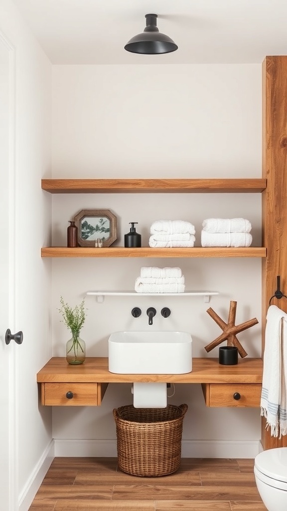Rustic modern bathroom with open shelving and a sink.