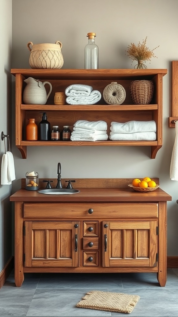 Rustic bathroom vanity with open shelving displaying towels and decorative items.