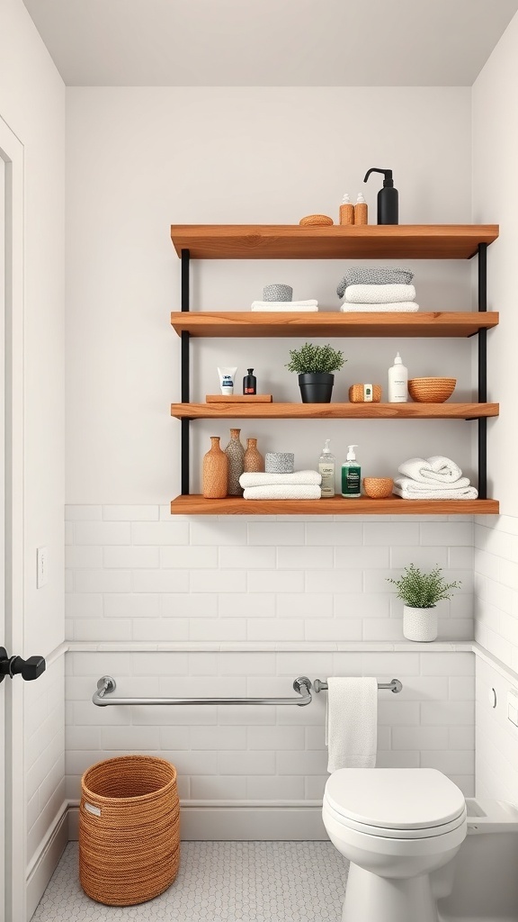 Modern farmhouse bathroom with open shelving displaying towels and toiletries.
