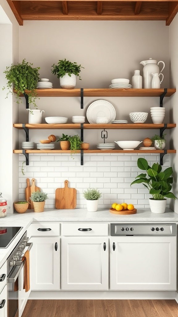 Farmhouse kitchen with open shelving displaying dishes and plants.