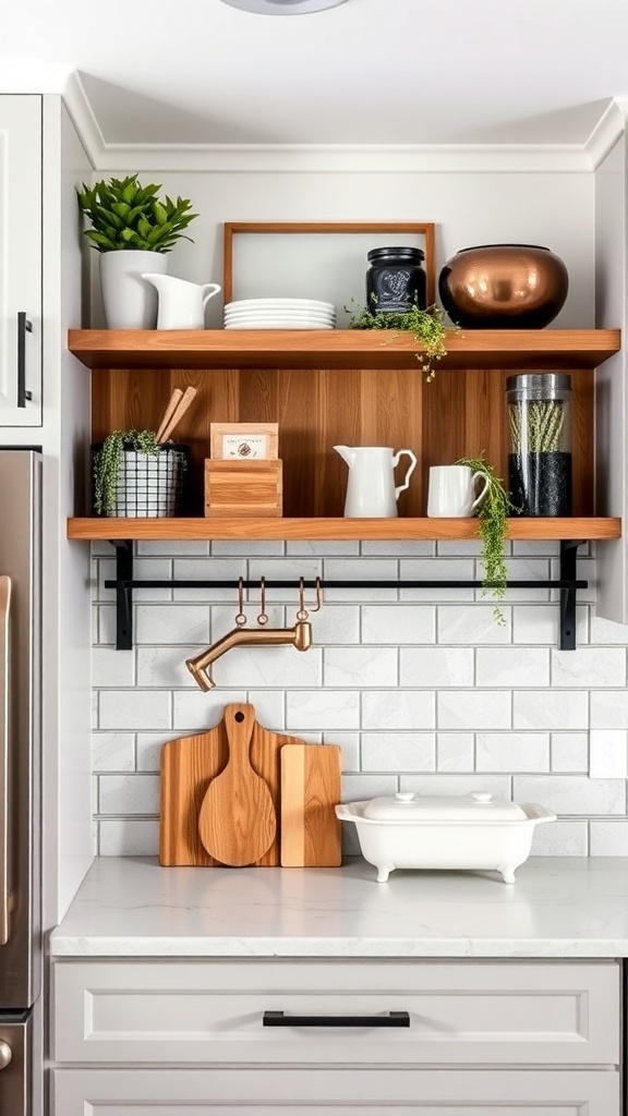 Modern farmhouse kitchen with open shelving and stylish backsplash.