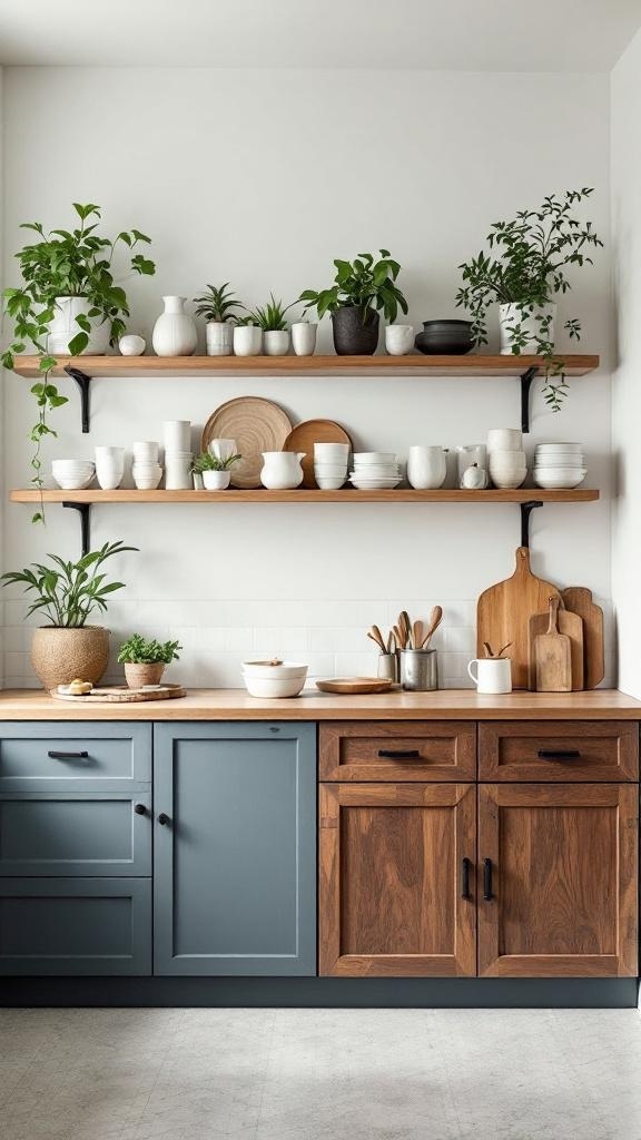 A kitchen with open shelving displaying plants and white dishware on wooden shelves.