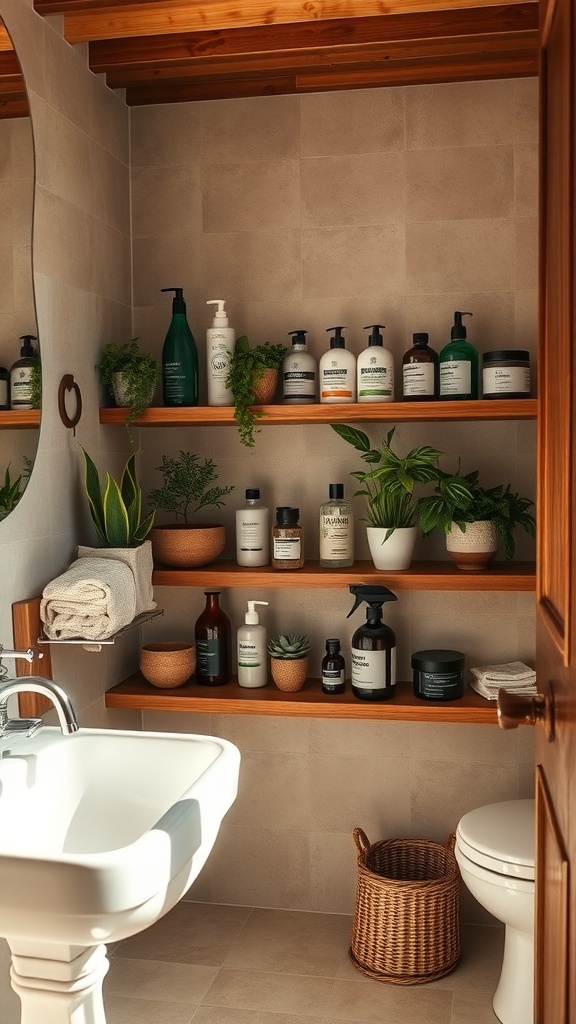 Rustic small bathroom with open wooden shelves displaying toiletries and plants.