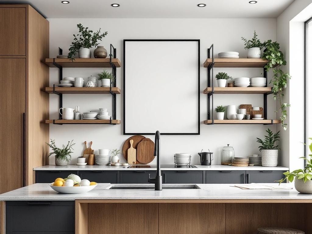 A modern kitchen featuring open shelving with black frames, displaying dishes and plants against a light wall.