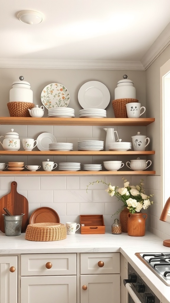 Open shelving in a farmhouse kitchen displaying vintage dishes and rustic decor.