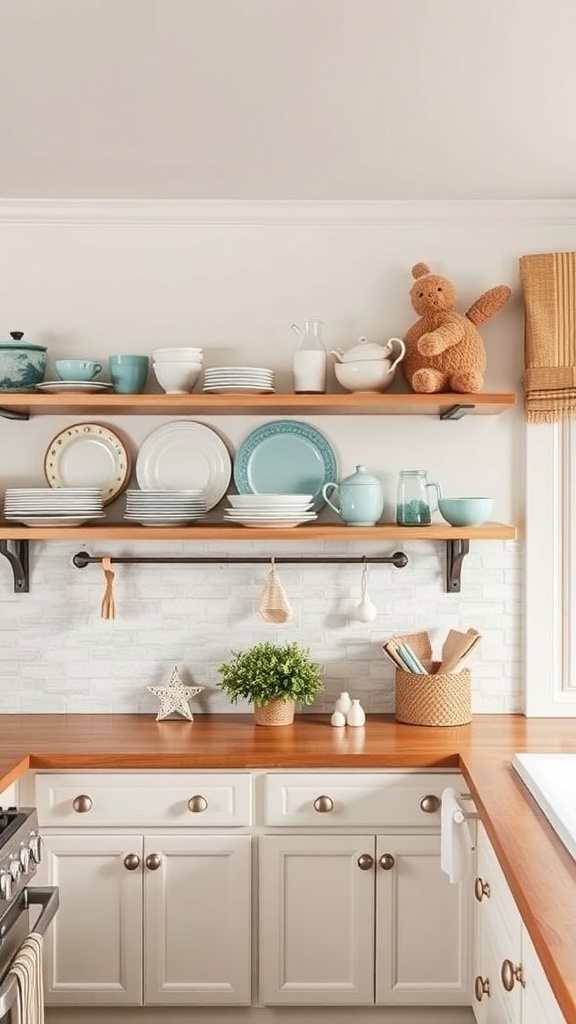 Open shelving in a coastal farmhouse kitchen with colorful dishes and coastal decor.