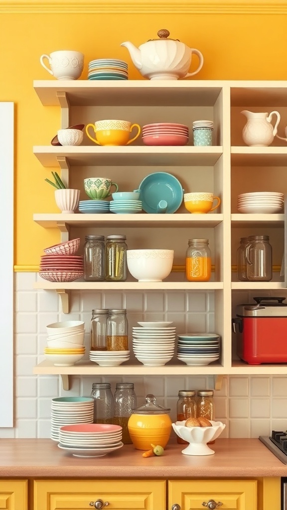 Open shelving displaying colorful dishware in a yellow farmhouse kitchen.