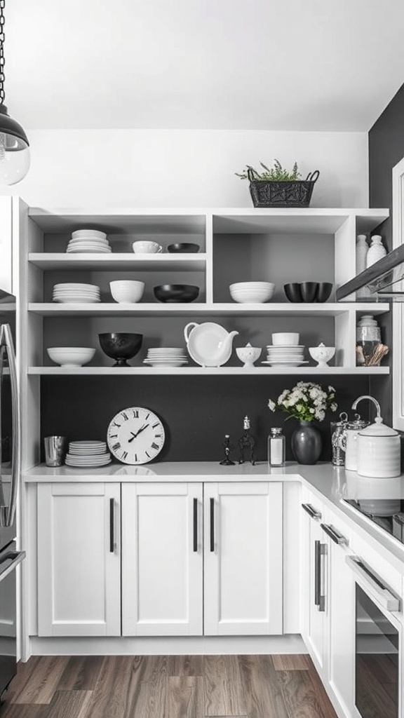 A black and white kitchen featuring open shelving with contrasting dishware and a stylish clock.