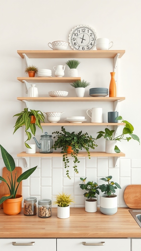 Open shelving in a farmhouse kitchen displaying dishes, plants, and decorative items.