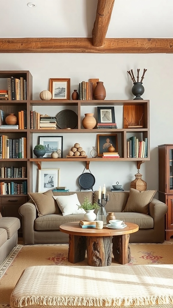 A rustic living room featuring open shelving with books, decorative items, and a cozy seating area.
