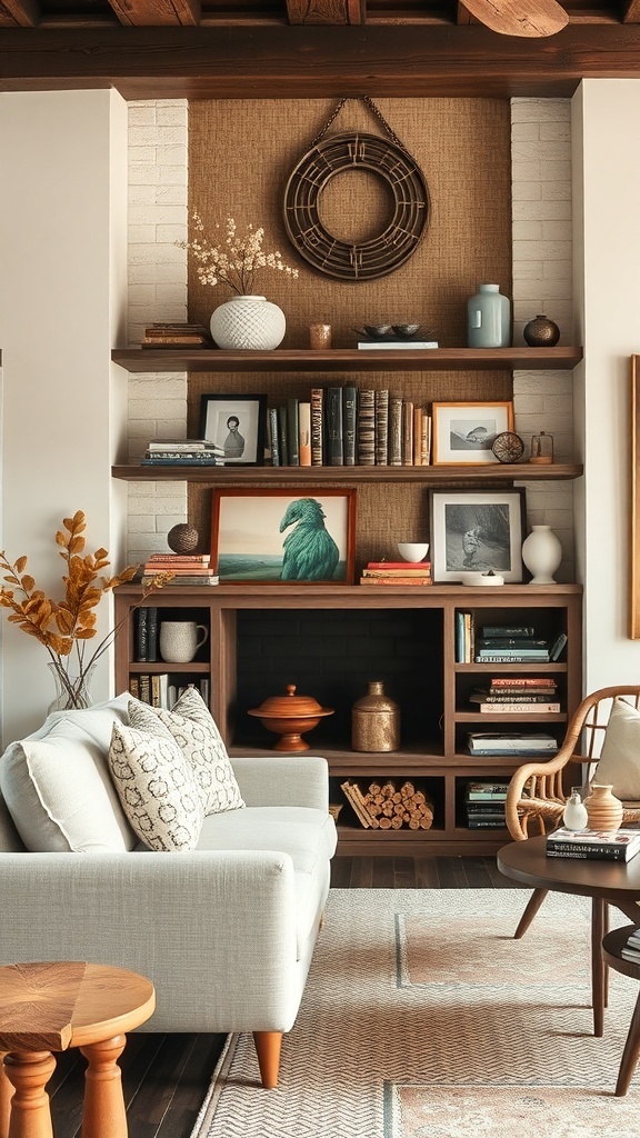A rustic living room with open shelving displaying books, decor, and plants.