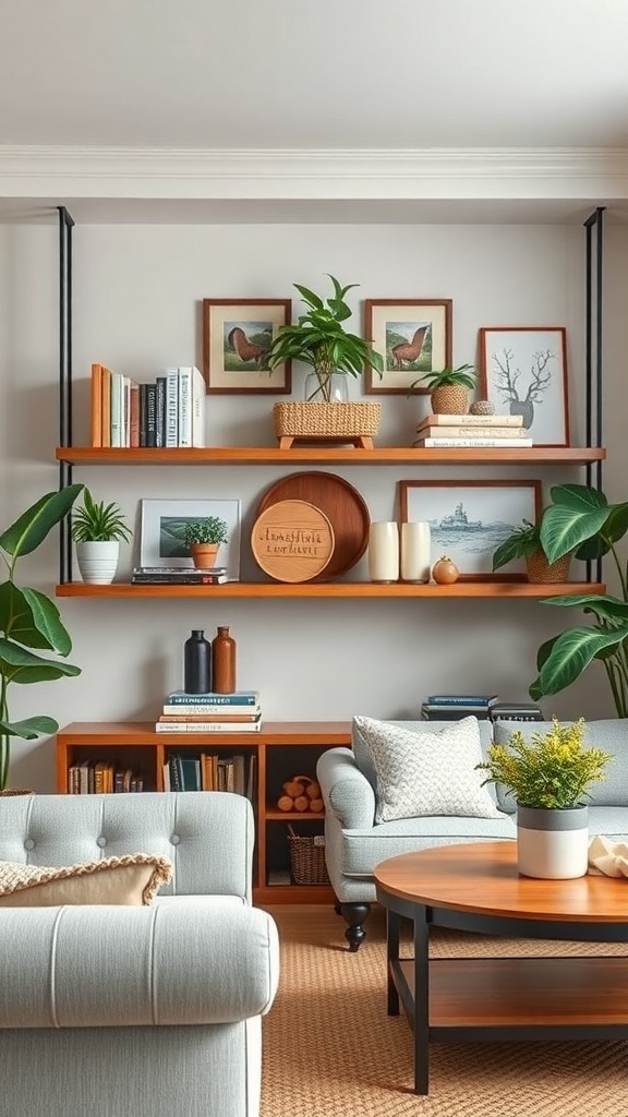Open shelving in a farmhouse living room with decorative items and plants