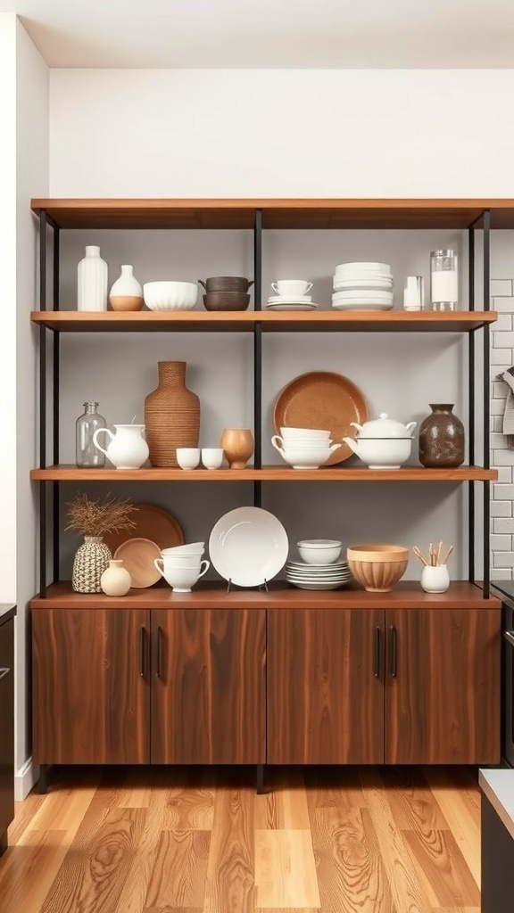Open shelving in a modern kitchen displaying earthy decor and tableware.