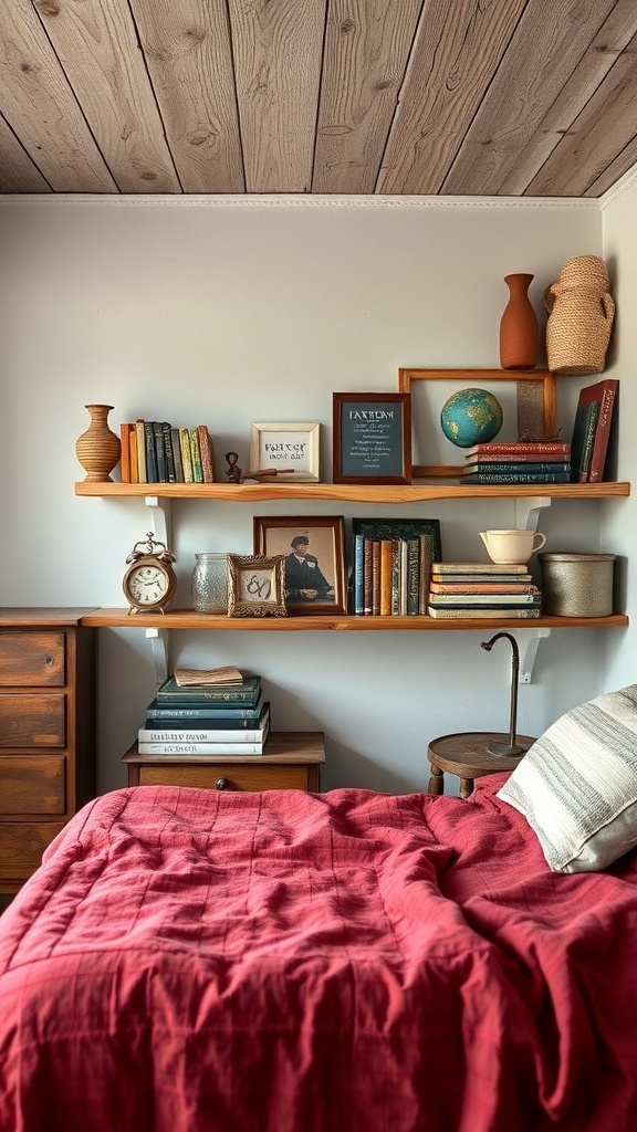 A rustic farmhouse bedroom featuring open shelving with books and decorative items.