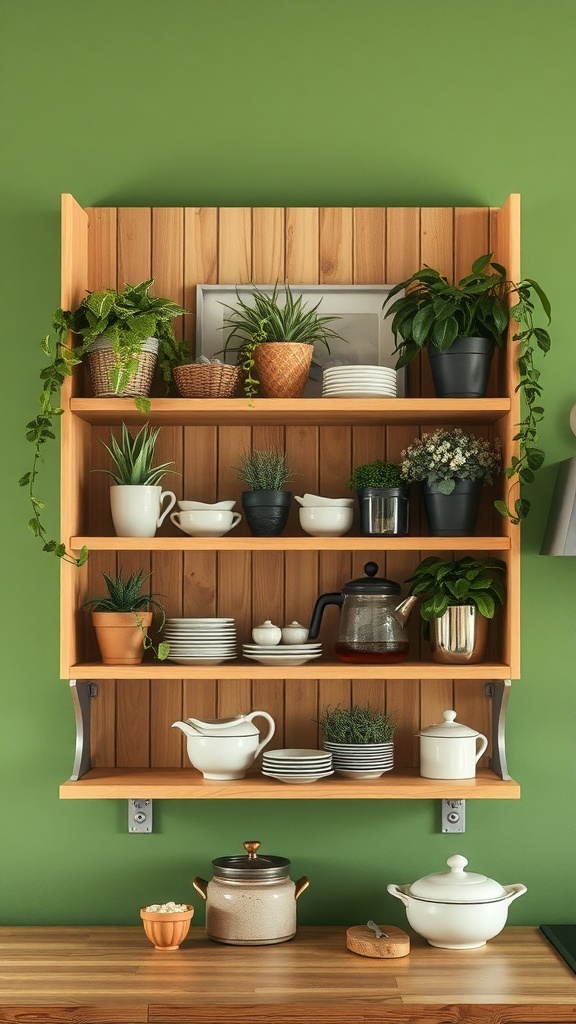 Open shelving with various plants and dishware in a rustic green kitchen.