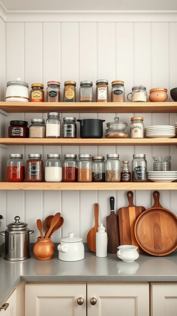 Open shelving in a farmhouse kitchen displaying mason jars and wooden utensils.