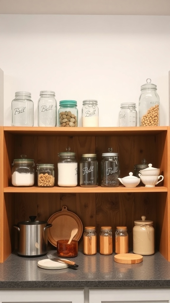 Rustic kitchen with open shelving displaying mason jars and kitchenware.