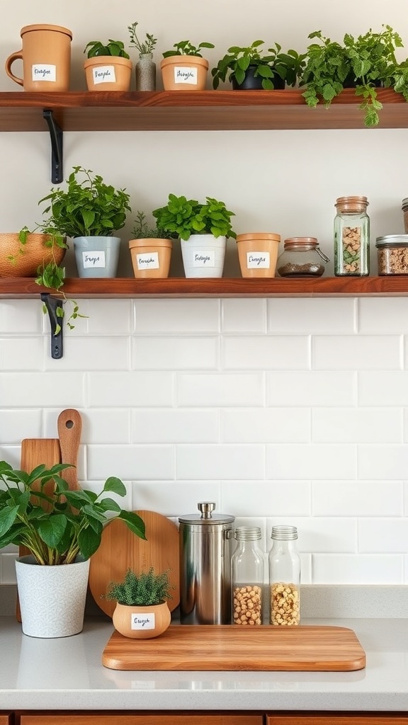 Open shelving with various potted herbs and plants in a farmhouse kitchen.