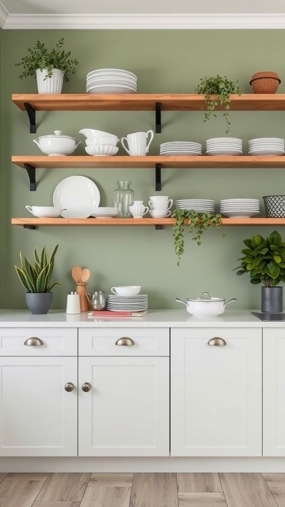 Open shelving in a kitchen with sage green walls, displaying white dishes and plants.