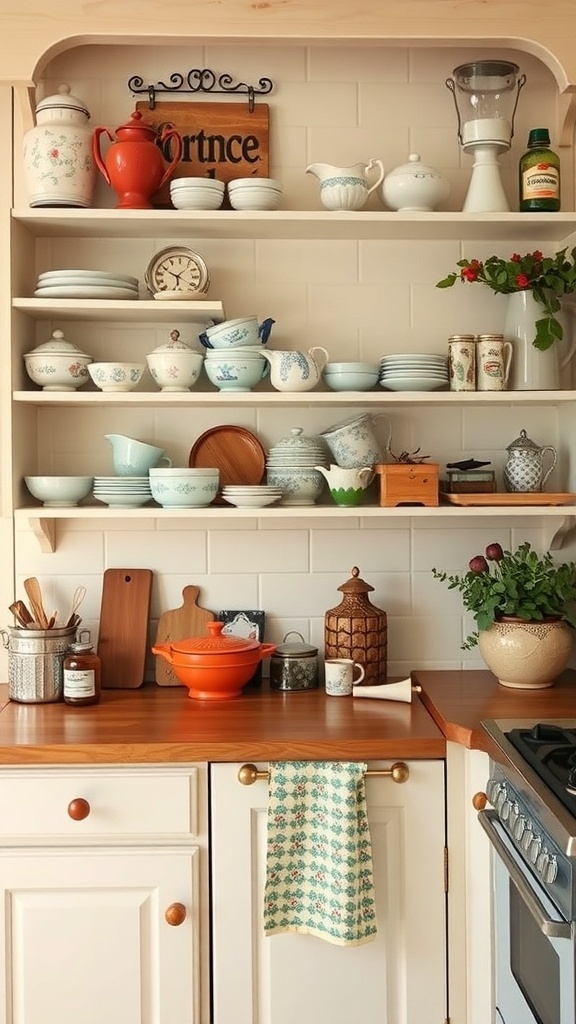 Open shelving displaying vintage dishware and decor in a cozy kitchen.