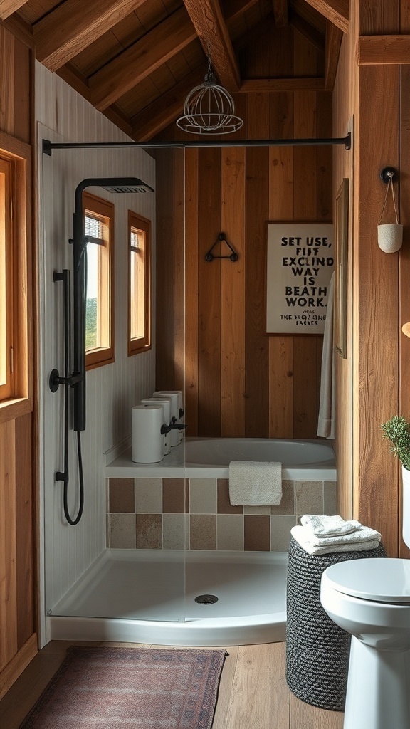 A rustic bathroom featuring an open shower with wooden accents and natural light.