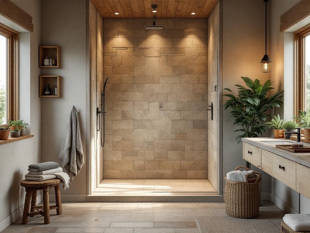 A rustic open shower with stone walls and wooden ceiling, featuring plants and neatly arranged towels.