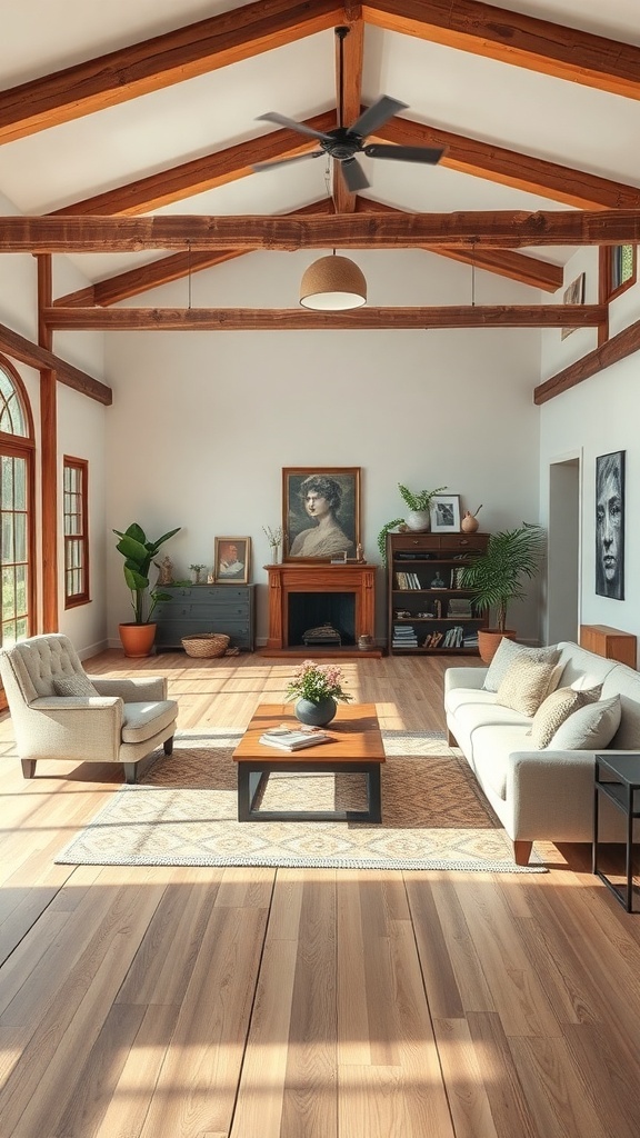 A rustic French country living room featuring high wooden beams, large windows, and cozy furniture.