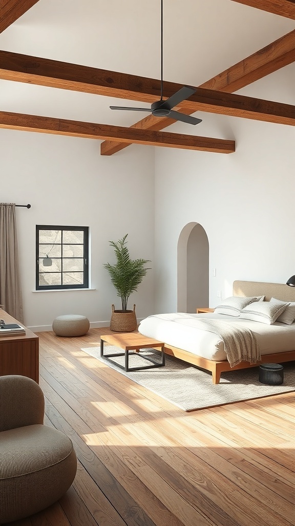 A rustic modern bedroom featuring wooden beams, a cozy bed, and minimal decor.