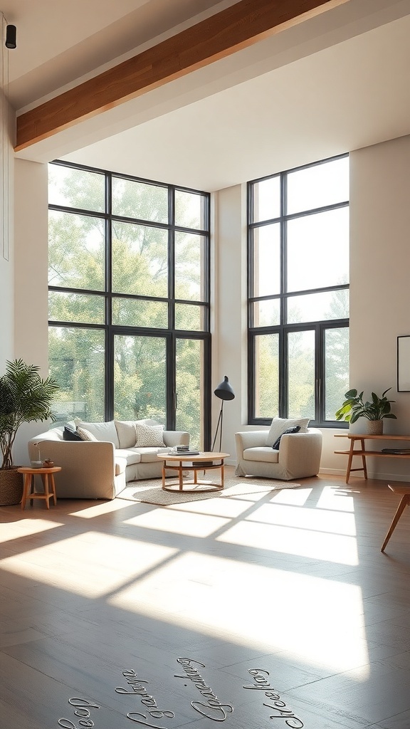 A bright and airy minimalist living room with large windows and simple furniture.